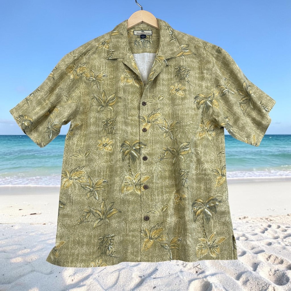 Tommy‎ Bahama Shirt Mens L Green Silk Palm Leaf Hawaiian Aloha Button Up Camp